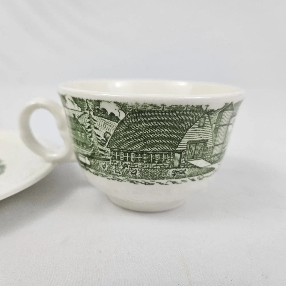 Homer Laughlin Teacup & Saucer Set Farm Scene Vintage Pastoral Green